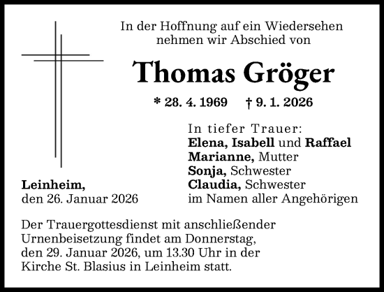 Traueranzeige von Thomas Gröger von Günzburger Zeitung