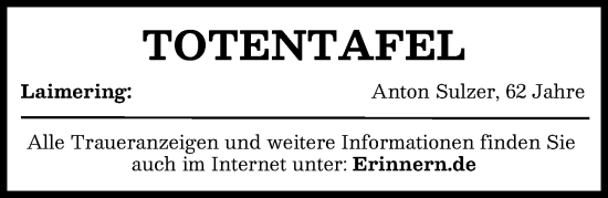 Traueranzeige von Totentafel vom 14.01.2026 von Aichacher Nachrichten