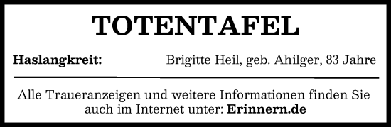 Traueranzeige von Totentafel vom 15.01.2026 von Aichacher Nachrichten