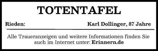 Traueranzeige von Totentafel vom 20.01.2026 von Aichacher Nachrichten