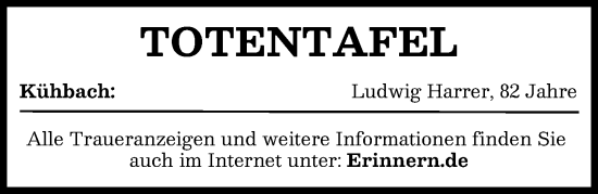 Traueranzeige von Totentafel vom 29.01.2026 von Aichacher Nachrichten