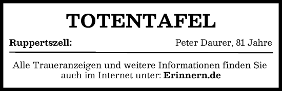 Traueranzeige von Totentafel vom 31.01.2026 von Aichacher Nachrichten