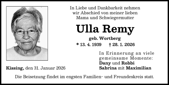 Traueranzeige von Ulla Remy von Friedberger Allgemeine