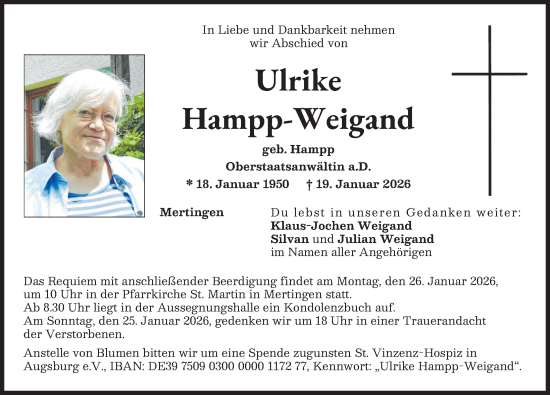 Traueranzeige von Ulrike Hampp-Weigand von Donauwörther Zeitung
