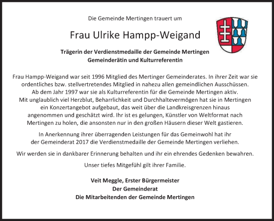 Traueranzeige von Ulrike Hampp-Weigand von Donauwörther Zeitung