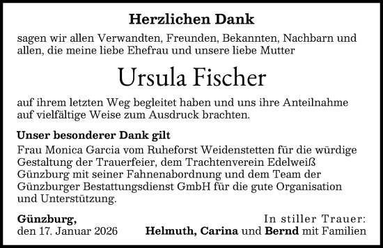 Traueranzeige von Ursula Fischer von Günzburger Zeitung