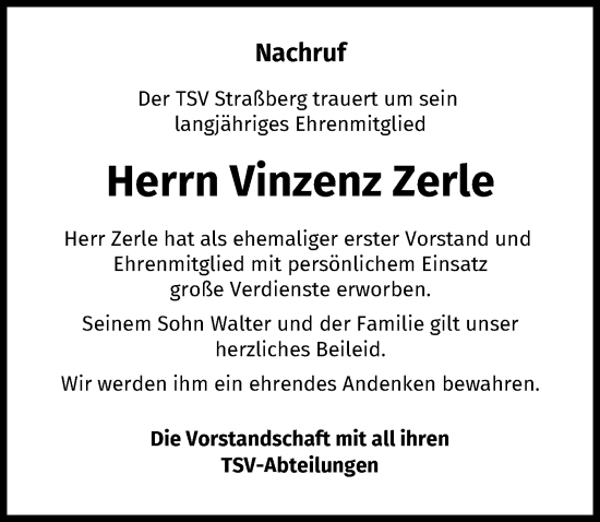 Traueranzeige von Vinzenz Zerle von Schwabmünchner Allgemeine
