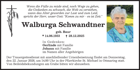 Traueranzeige von Walburga Schwandtner von Friedberger Allgemeine