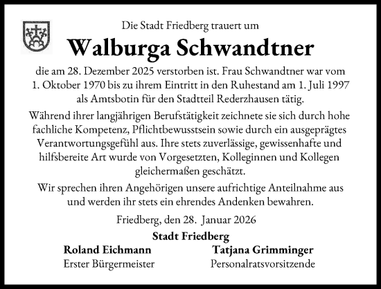 Traueranzeige von Walburga Schwandtner von Friedberger Allgemeine