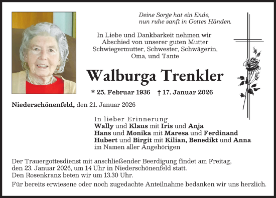 Traueranzeige von Walburga Trenkler von Donauwörther Zeitung