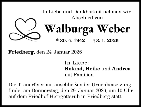 Traueranzeige von Walburga Weber von Friedberger Allgemeine