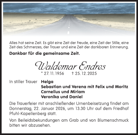 Traueranzeige von Waldemar Endres von Neu-Ulmer Zeitung, Augsburger Allgemeine