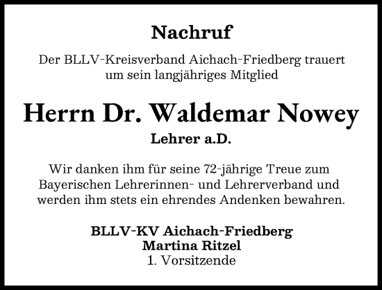 Traueranzeige von Waldemar Nowey von Friedberger Allgemeine