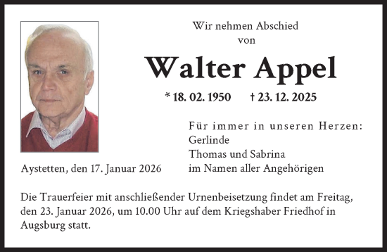 Traueranzeige von Walter Appel von Augsburger Allgemeine