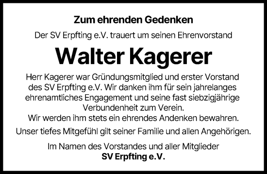Traueranzeige von Walter Kagerer von Landsberger Tagblatt