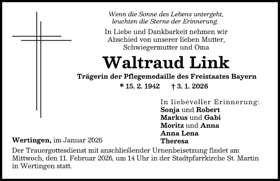 Traueranzeige von Waltraud Link von Augsburg-Land, Wertinger Zeitung