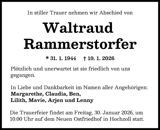 Traueranzeige von Waltraud Rammerstorfer von Augsburg-Land