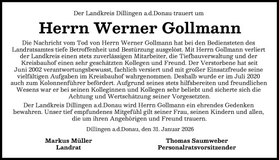 Traueranzeige von Werner Gollmann von Wertinger Zeitung