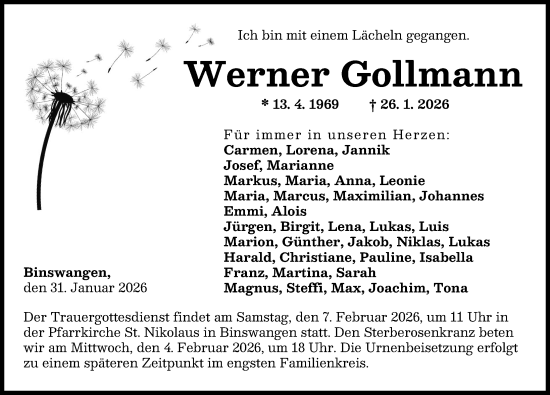 Traueranzeige von Werner Gollmann von Wertinger Zeitung