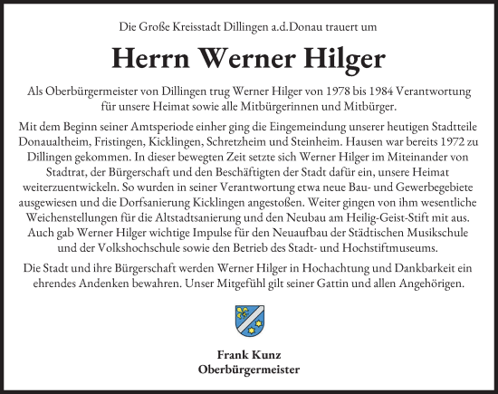 Traueranzeige von Werner Hilger von Donau Zeitung