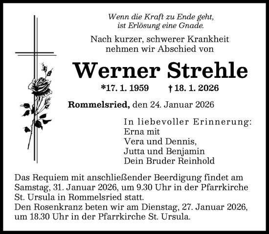 Traueranzeige von Werner Strehle von Augsburger Allgemeine