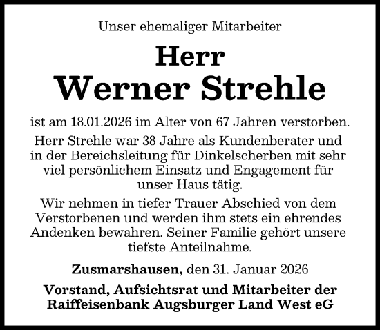 Traueranzeige von Werner Strehle von Augsburg-Land