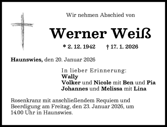 Traueranzeige von Werner Weiß von Aichacher Nachrichten