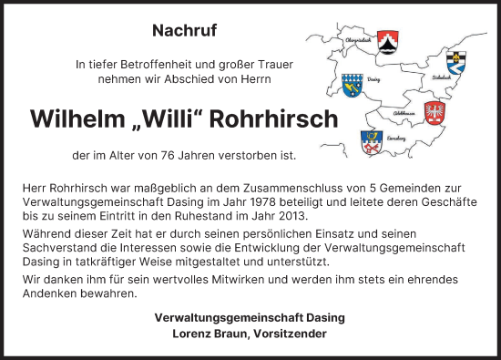 Traueranzeige von Wilhelm Rohrhirsch von Augsburger Allgemeine