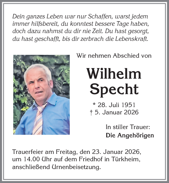 Traueranzeige von Wilhelm Specht von Mindelheimer Zeitung
