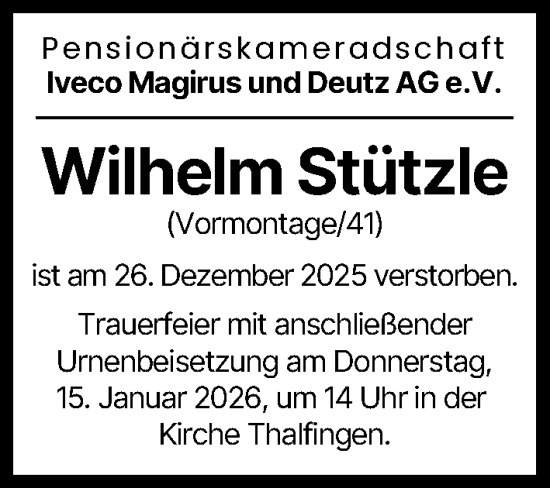 Traueranzeige von Wilhelm Stützle von Günzburger Zeitung, Illertisser Zeitung, Neu-Ulmer Zeitung
