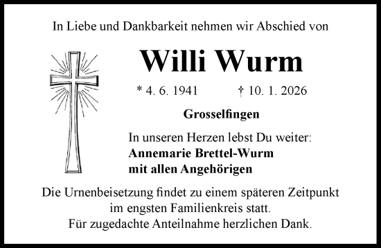 Traueranzeige von Willi Wurm von Rieser Nachrichten