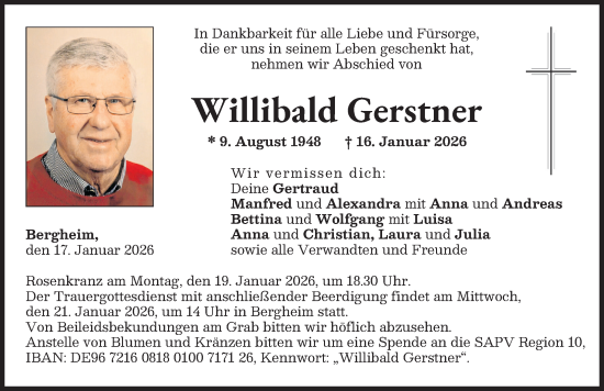 Traueranzeige von Willibald Gerstner von Neuburger Rundschau