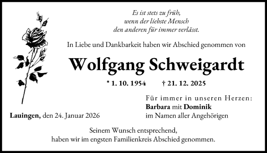 Traueranzeige von Wolfgang Schweigardt von Donau Zeitung
