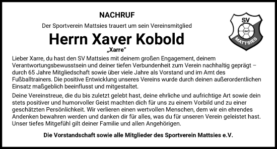 Traueranzeige von Xaver Kobold von Mindelheimer Zeitung