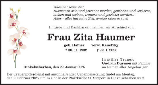 Traueranzeige von Zita Haumer von Augsburg-Land