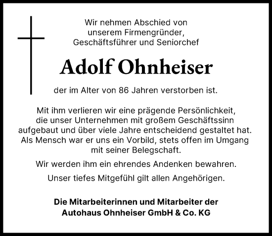 Traueranzeige von Adolf Ohnheiser von Wertinger Zeitung