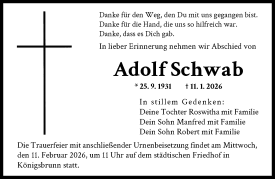 Traueranzeige von Adolf Schwab von Augsburger Allgemeine