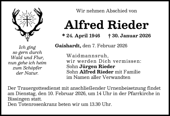 Traueranzeige von Alfred Rieder von Donau Zeitung