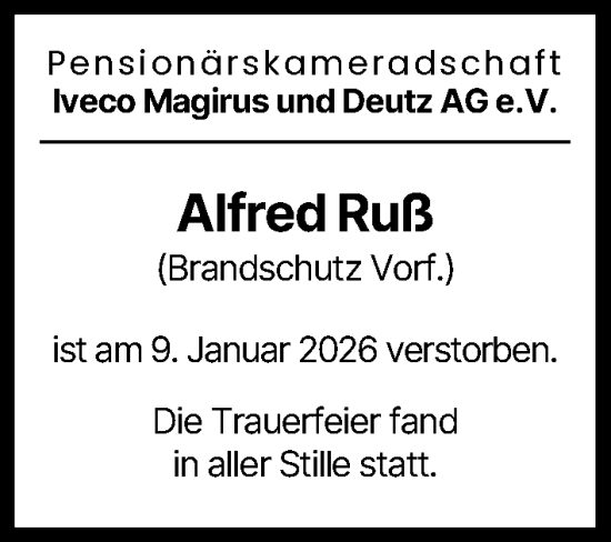 Traueranzeige von Alfred Ruß von Günzburger Zeitung, Neu-Ulmer Zeitung, Illertisser Zeitung