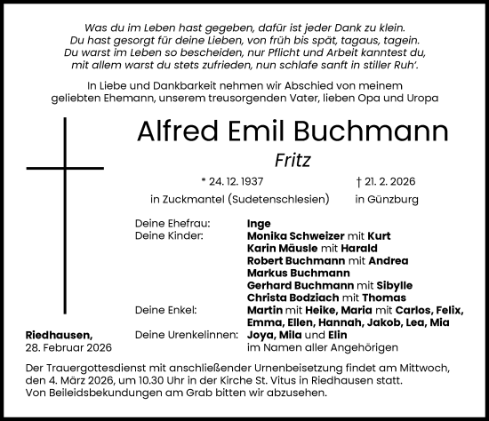 Traueranzeige von Alfred Emil Buchmann von Günzburger Zeitung