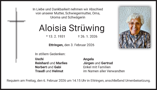 Traueranzeige von Aloisia Strüwing von Mindelheimer Zeitung