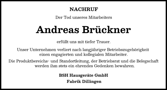 Traueranzeige von Andreas Brückner von Donau Zeitung