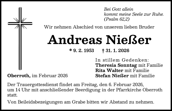 Traueranzeige von Andreas Nießer von Illertisser Zeitung