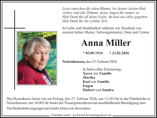 Traueranzeige von Anna Miller von Mittelschwäbische Nachrichten
