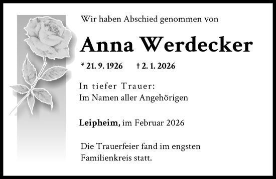 Traueranzeige von Anna Werdecker von Günzburger Zeitung