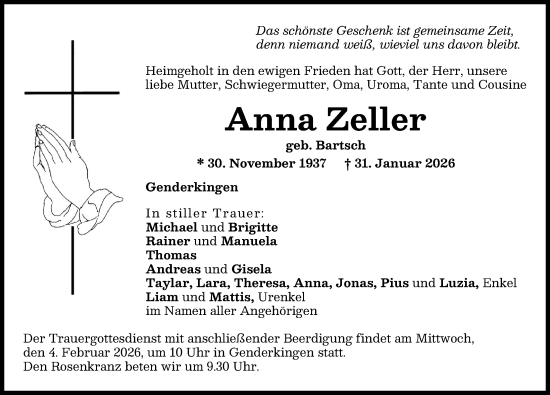 Traueranzeige von Anna Zeller von Donauwörther Zeitung