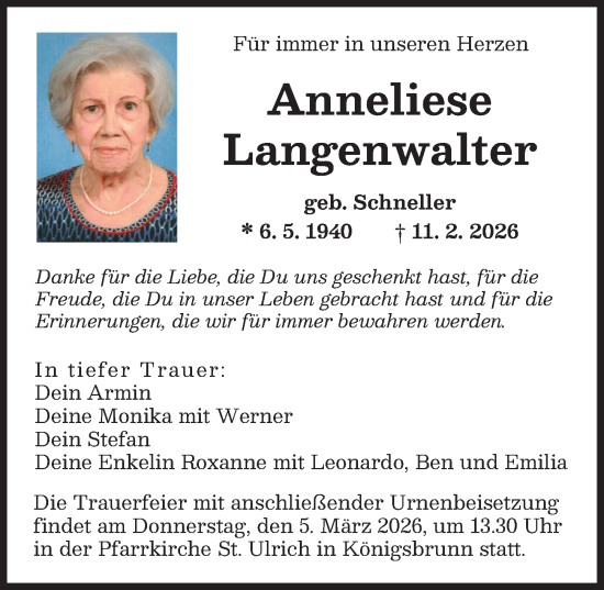 Traueranzeige von Anneliese Langenwalter von Augsburger Allgemeine
