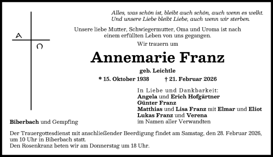 Traueranzeige von Annemarie Franz von Augsburg-Land, Wertinger Zeitung