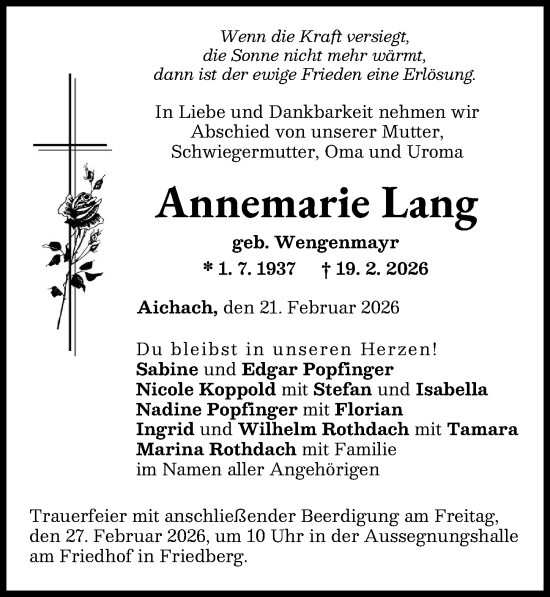 Traueranzeige von Annemarie Lang von Aichacher Nachrichten, Friedberger Allgemeine