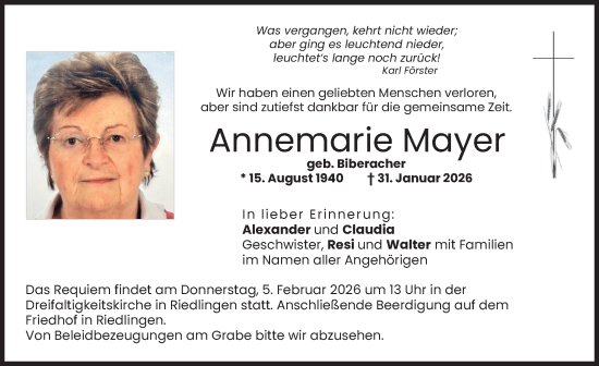 Traueranzeige von Annemarie Mayer von Donauwörther Zeitung